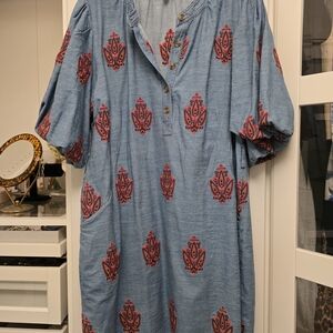 Blue Dress with Red Pattern